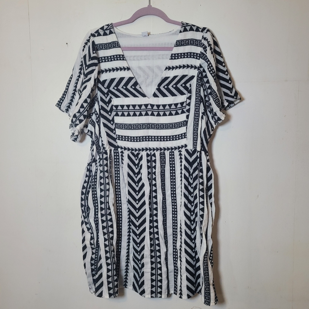 Old Navy Black and White Cotton Viscose Geometric Pattern Dress XXL
